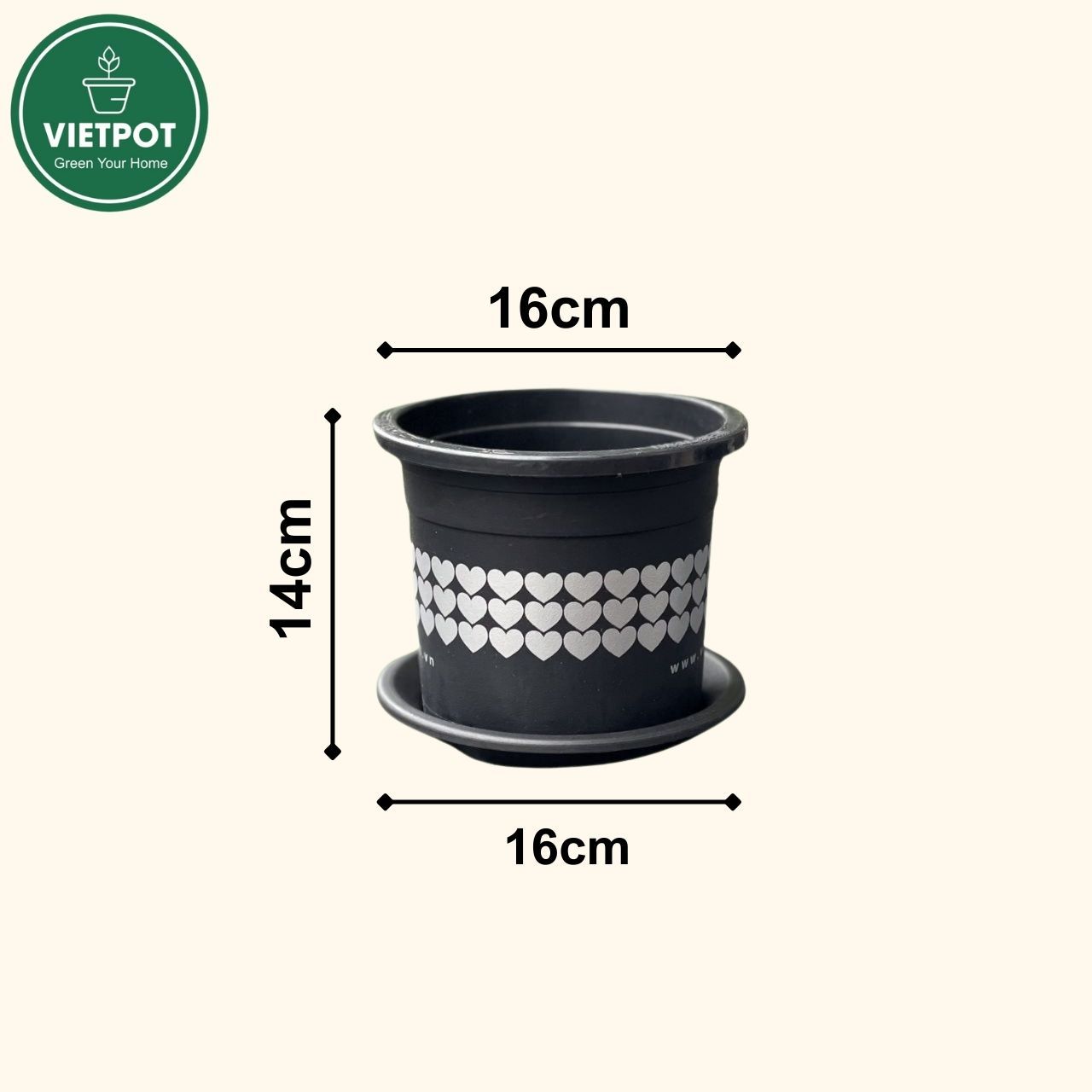  Chậu nhựa trồng cây VIETPOT, size 16x14, hoa văn tim, trồng kiểng lá, hoa hồng, để bàn, vườn. 