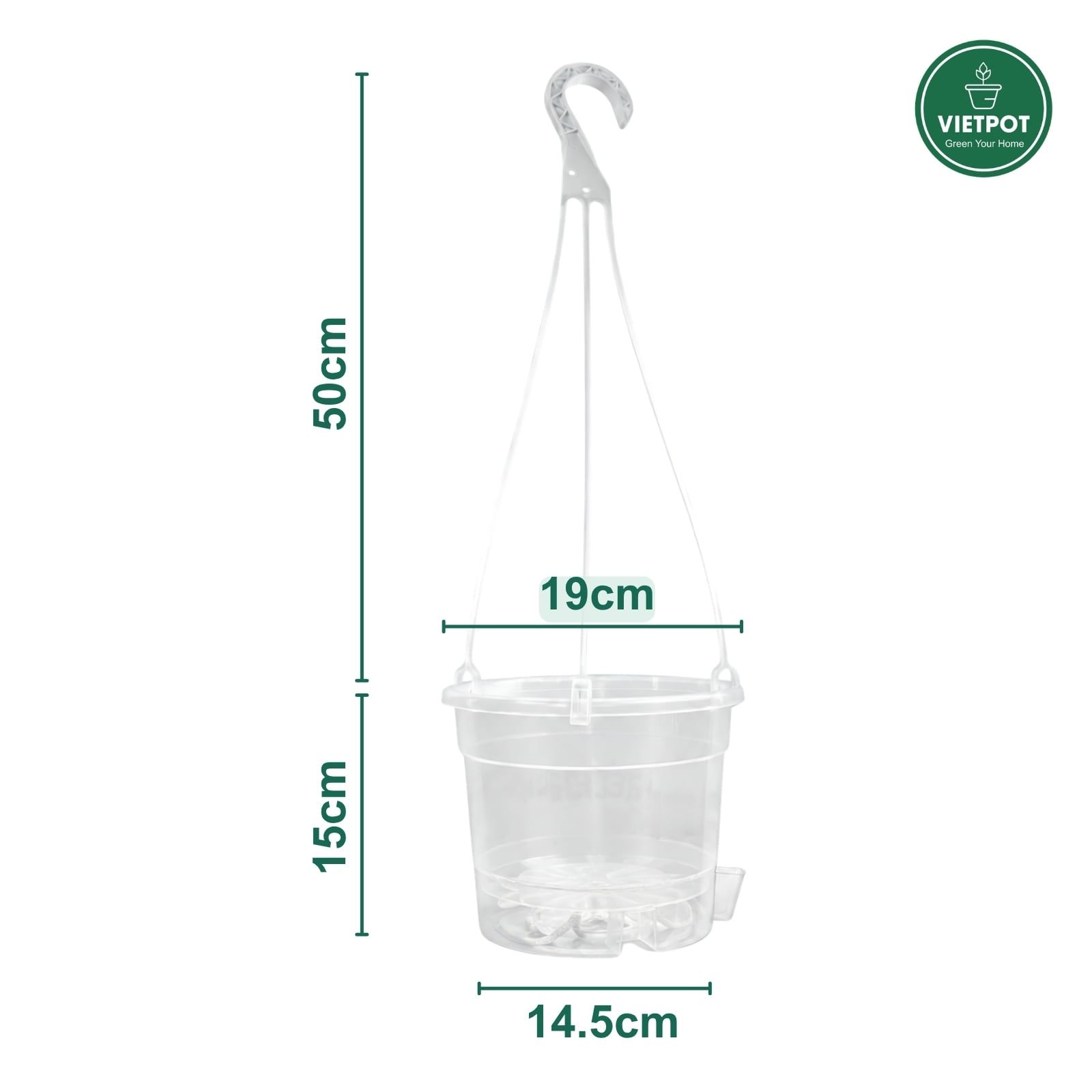  Chậu treo tự tưới Trơn, size 19x15cm, VIETPOT, cho cây kiểng, hiện đại, decor ban công, sân vườn. 