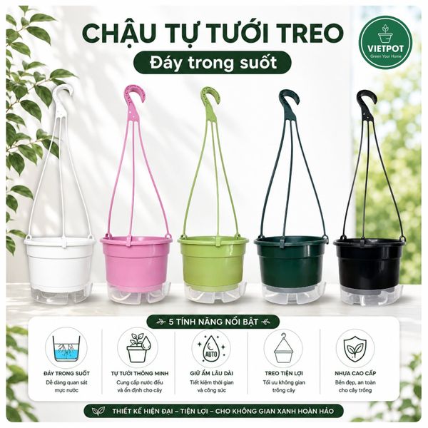  Chậu treo tự tưới Trơn, size 19x15cm, VIETPOT, cho cây kiểng, hiện đại, decor ban công, sân vườn. 