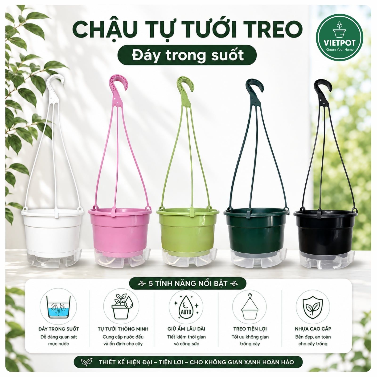  Chậu treo tự tưới Trơn, size 19x15cm, VIETPOT, cho cây kiểng, hiện đại, decor ban công, sân vườn. 