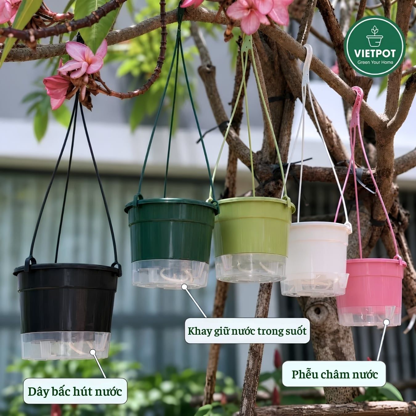  Chậu treo tự tưới Trơn, size 19x15cm, VIETPOT, cho cây kiểng, hiện đại, decor ban công, sân vườn. 