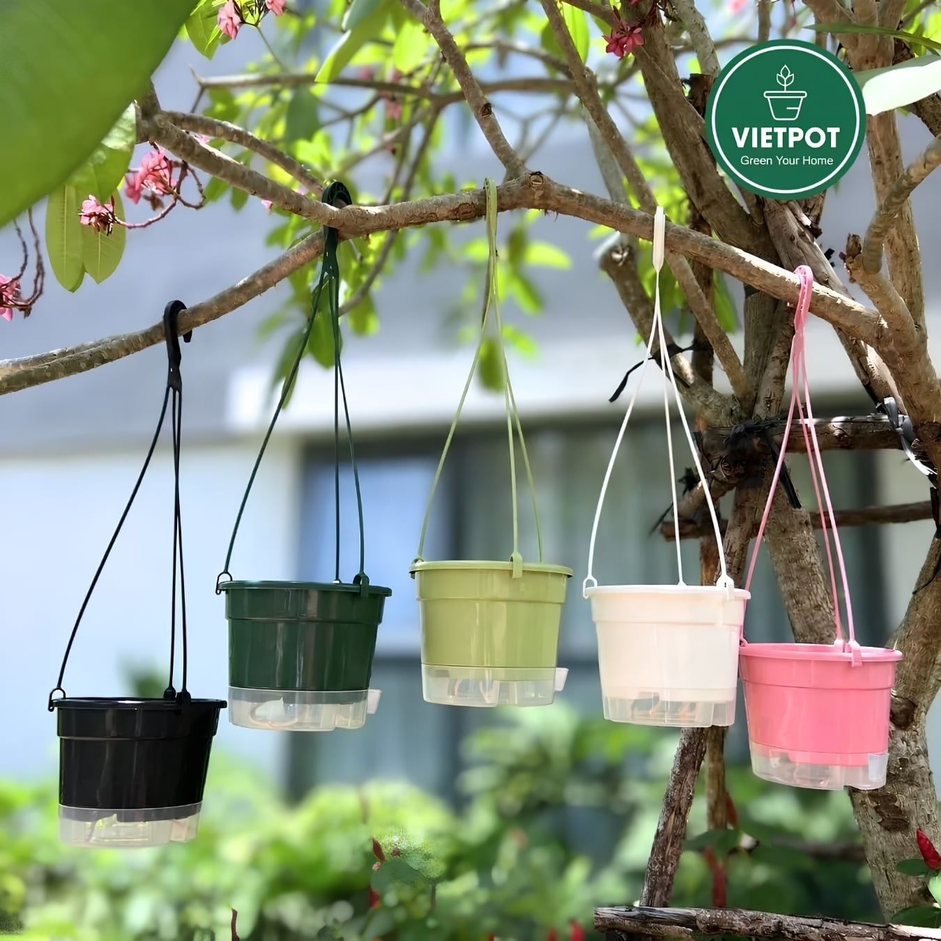  Chậu treo tự tưới Trơn, size 19x15cm, VIETPOT, cho cây kiểng, hiện đại, decor ban công, sân vườn. 