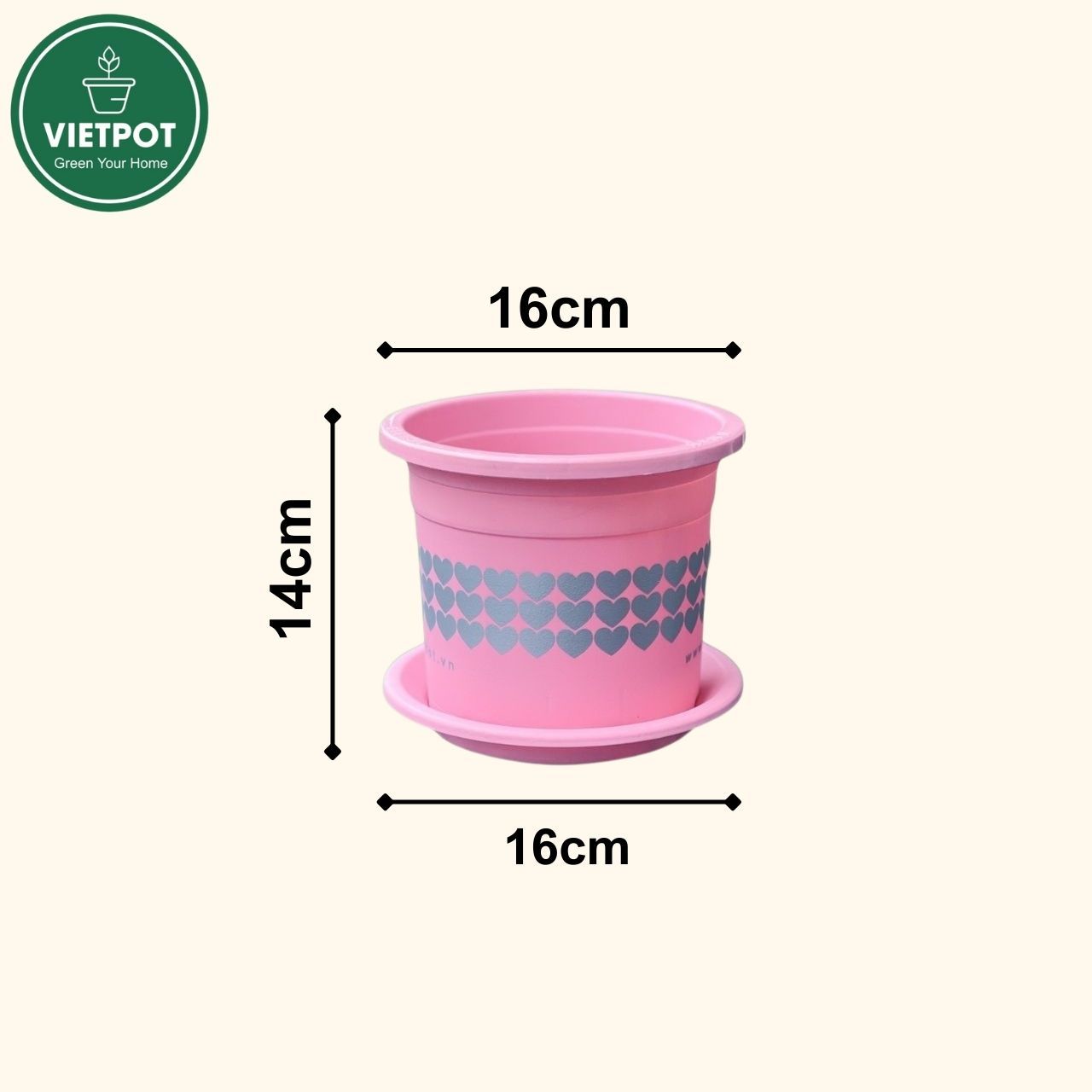  Chậu nhựa trồng cây VIETPOT, size 16x14, hoa văn tim, trồng kiểng lá, hoa hồng, để bàn, vườn. 