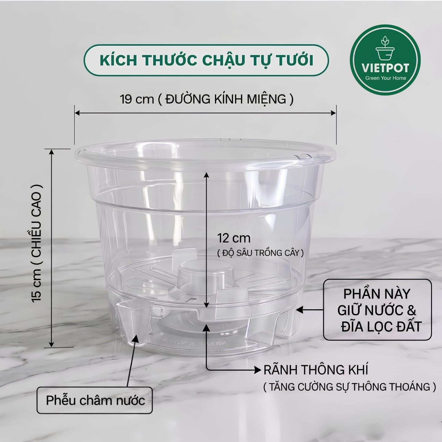  Chậu tự tưới trong suốt VIETPOT, size 19x15cm, thông minh, trang trí nhà cửa, ban công, sân vườn. 