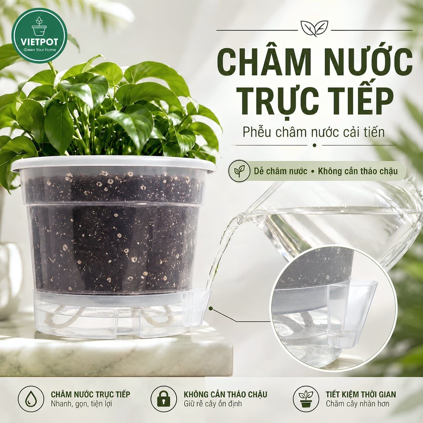 Chậu tự tưới trong suốt VIETPOT, size 19x15cm, thông minh, trang trí nhà cửa, ban công, sân vườn. 
