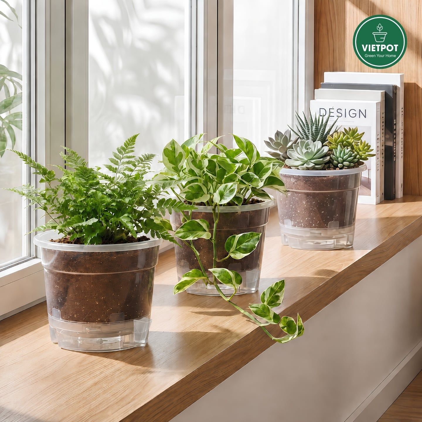  Chậu tự tưới trong suốt VIETPOT, size 19x15cm, thông minh, trang trí nhà cửa, ban công, sân vườn. 