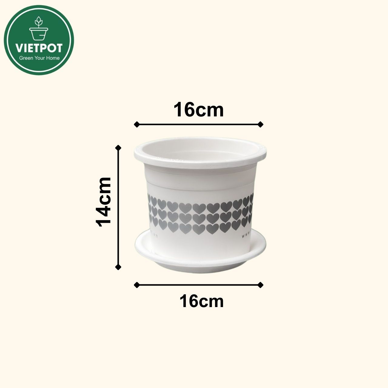  Chậu nhựa trồng cây VIETPOT, size 16x14, hoa văn tim, trồng kiểng lá, hoa hồng, để bàn, vườn. 
