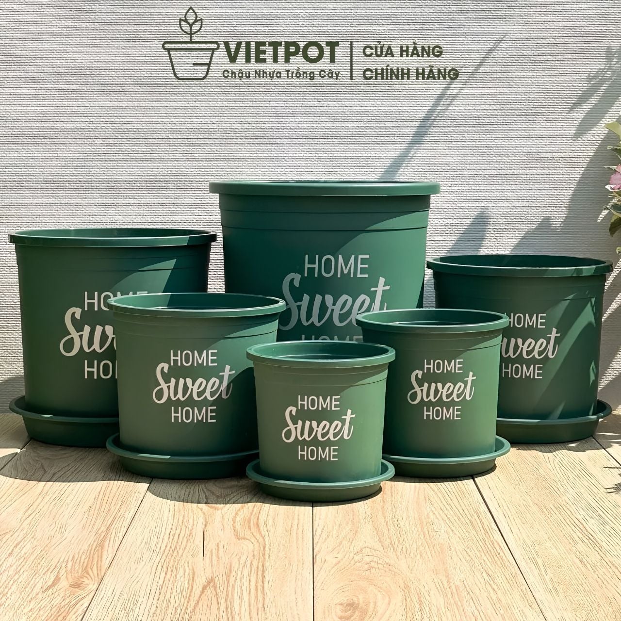  Chậu nhựa trồng cây VIETPOT, màu xanh, hoa văn Sweet Home, trồng hoa kiểng lá, để nhà, sân vườn. 