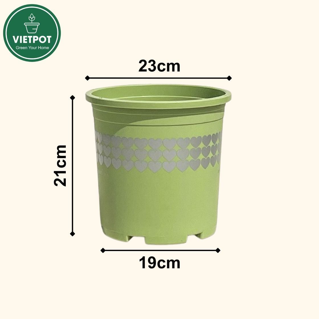  Chậu nhựa trồng cây VIETPOT, xanh Mint hoa văn tim, kiểng lá, hoa hồng, để bàn,ban công sân vườn. 