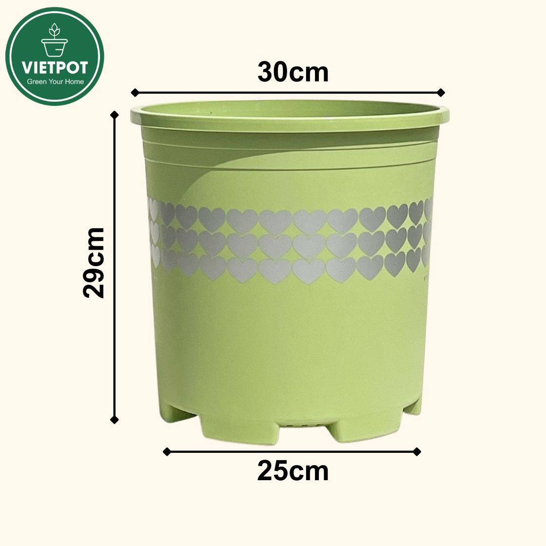  Chậu nhựa trồng cây VIETPOT, xanh Mint hoa văn tim, kiểng lá, hoa hồng, để bàn,ban công sân vườn. 