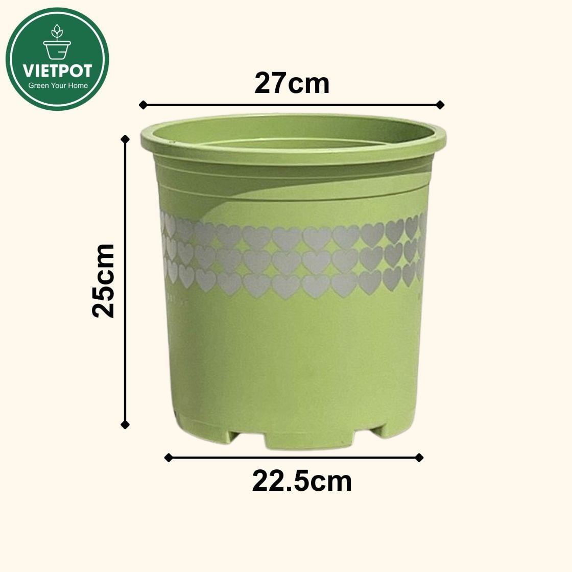  Chậu nhựa trồng cây VIETPOT, xanh Mint hoa văn tim, kiểng lá, hoa hồng, để bàn,ban công sân vườn. 