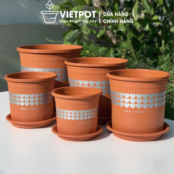  Chậu nhựa trồng cây VIETPOT, màu Cam Tim, trồng hoa kiểng, hoa hồng, để bàn, ban công, sân vườn. 