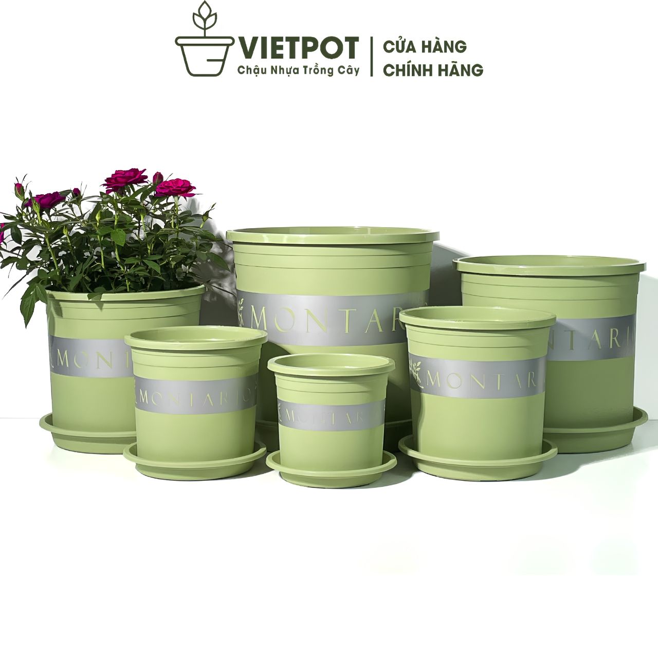  Chậu Nhựa Trồng Cây VIETPOT, xanh Mint MONTARIO, kiểng lá, hoa hồng, để bàn,ban công,sân vườn 