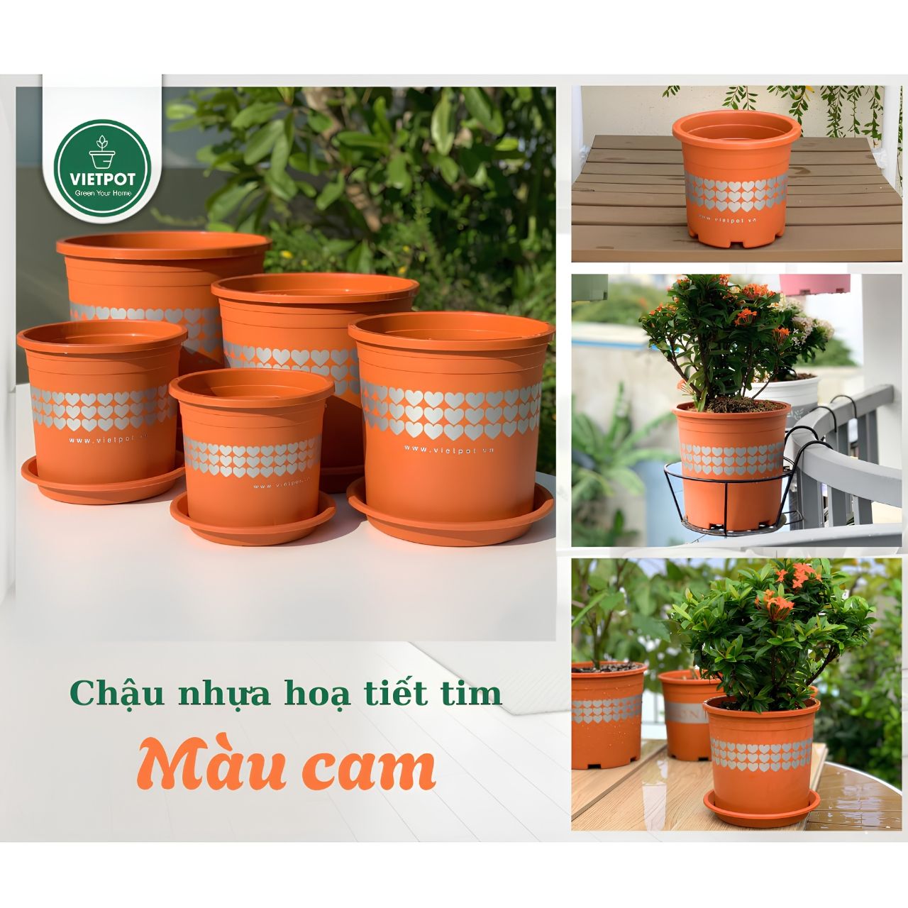  Chậu nhựa trồng cây VIETPOT, màu Cam Tim, trồng hoa kiểng, hoa hồng, để bàn, ban công, sân vườn. 