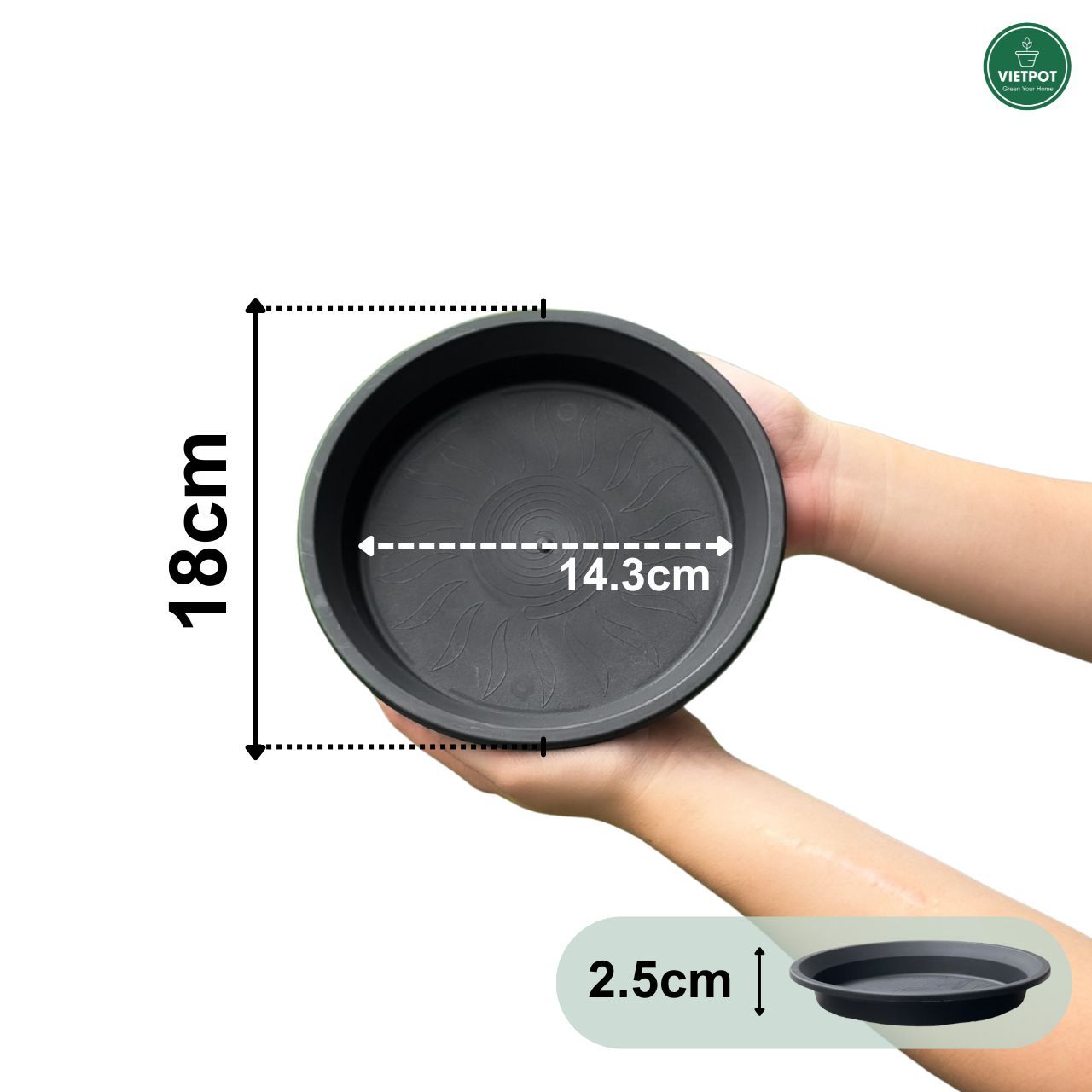  Đĩa nhựa mỏng nhẹ lót chậu cây VIETPOT, màu đen, cây cảnh, trang trí nhà vườn, ban công 