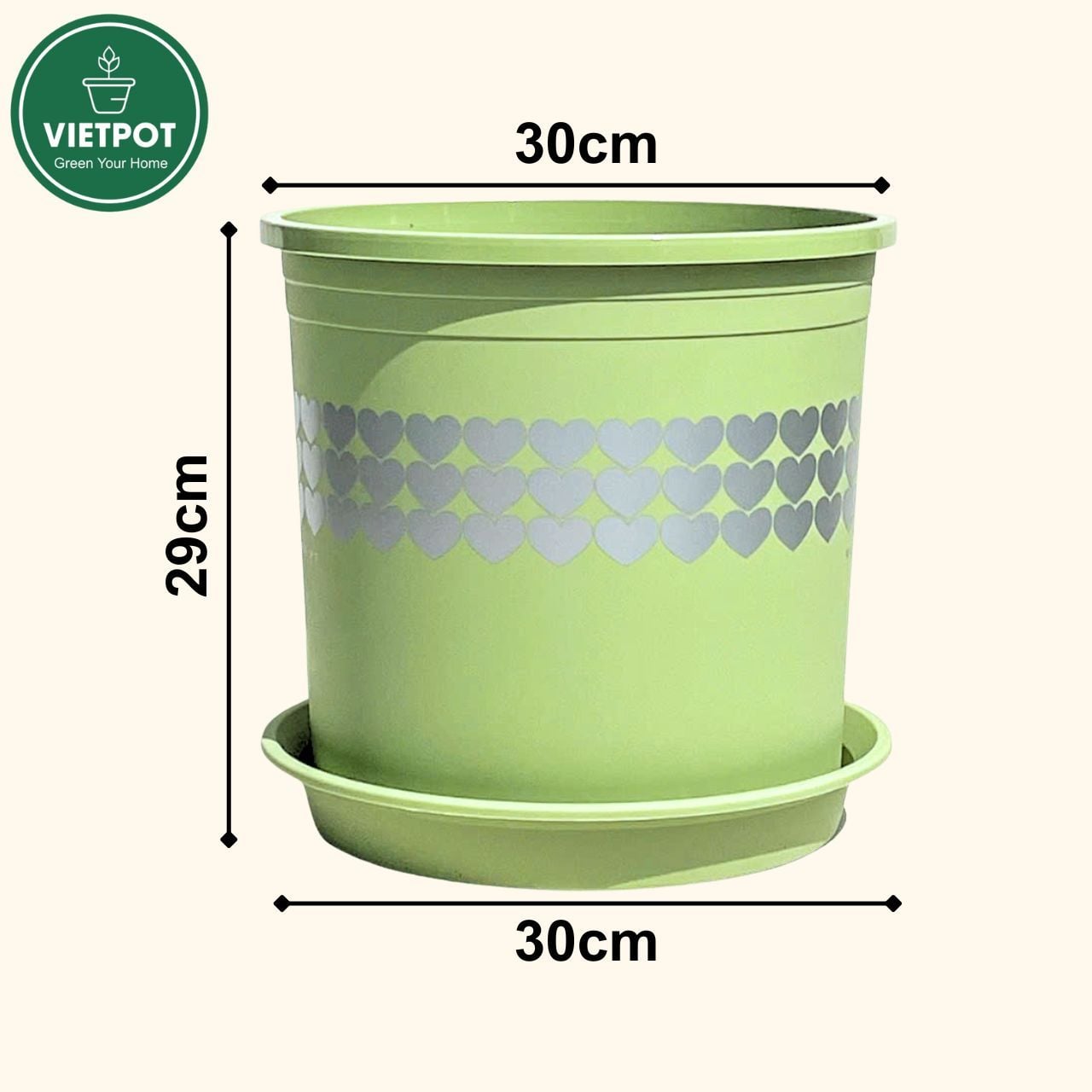  Chậu nhựa trồng cây VIETPOT, xanh Mint hoa văn tim, kiểng lá, hoa hồng, để bàn,ban công sân vườn. 