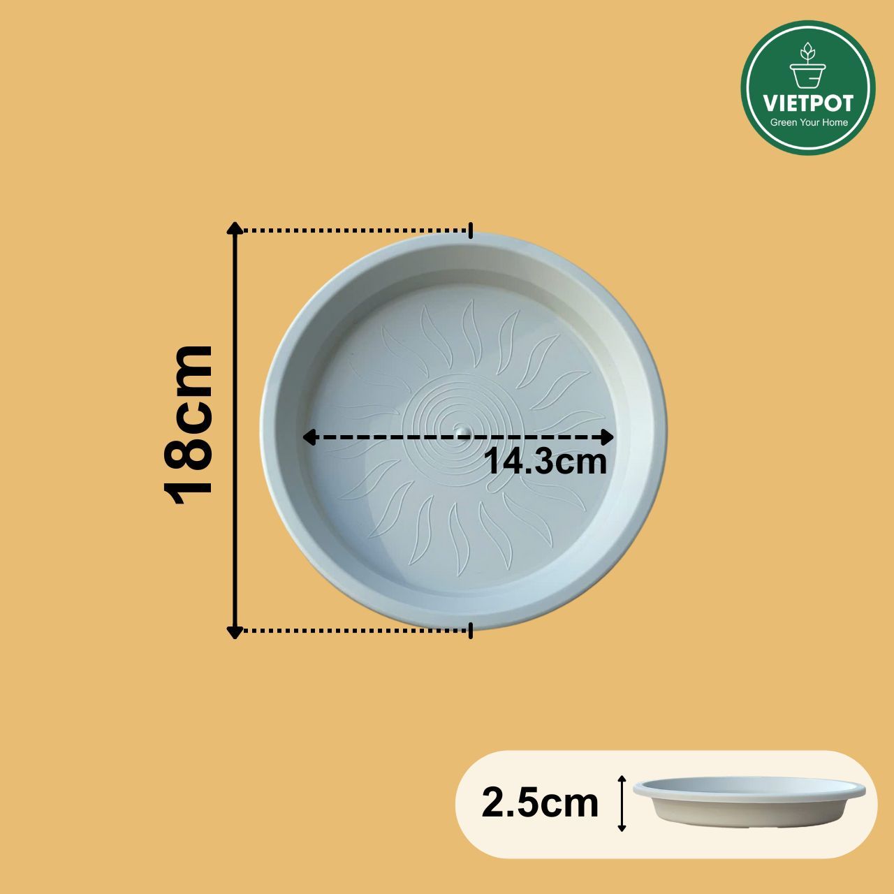  Đĩa nhựa mỏng nhẹ lót chậu cây VIETPOT, màu xám, cây cảnh, trang trí nhà vườn, ban công 