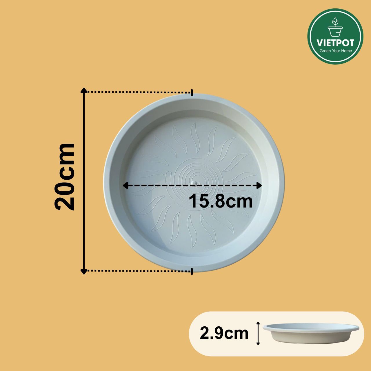  Đĩa nhựa mỏng nhẹ lót chậu cây VIETPOT, màu xám, cây cảnh, trang trí nhà vườn, ban công 