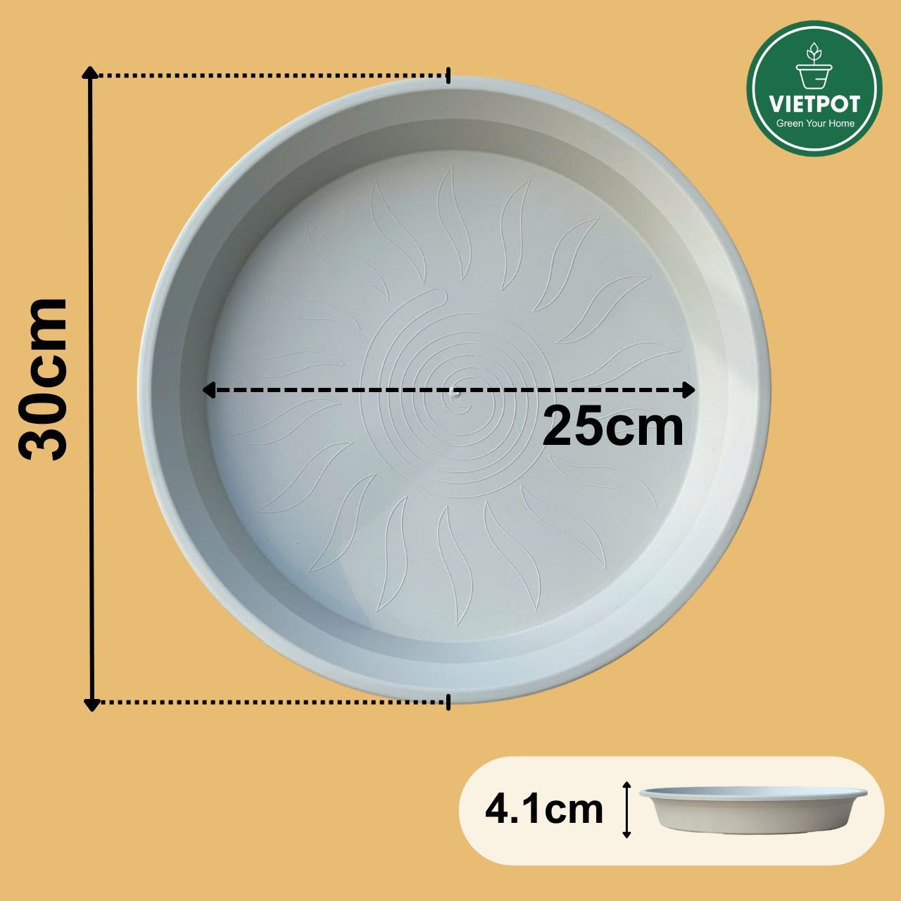  Đĩa nhựa mỏng nhẹ lót chậu cây VIETPOT, màu xám, cây cảnh, trang trí nhà vườn, ban công 