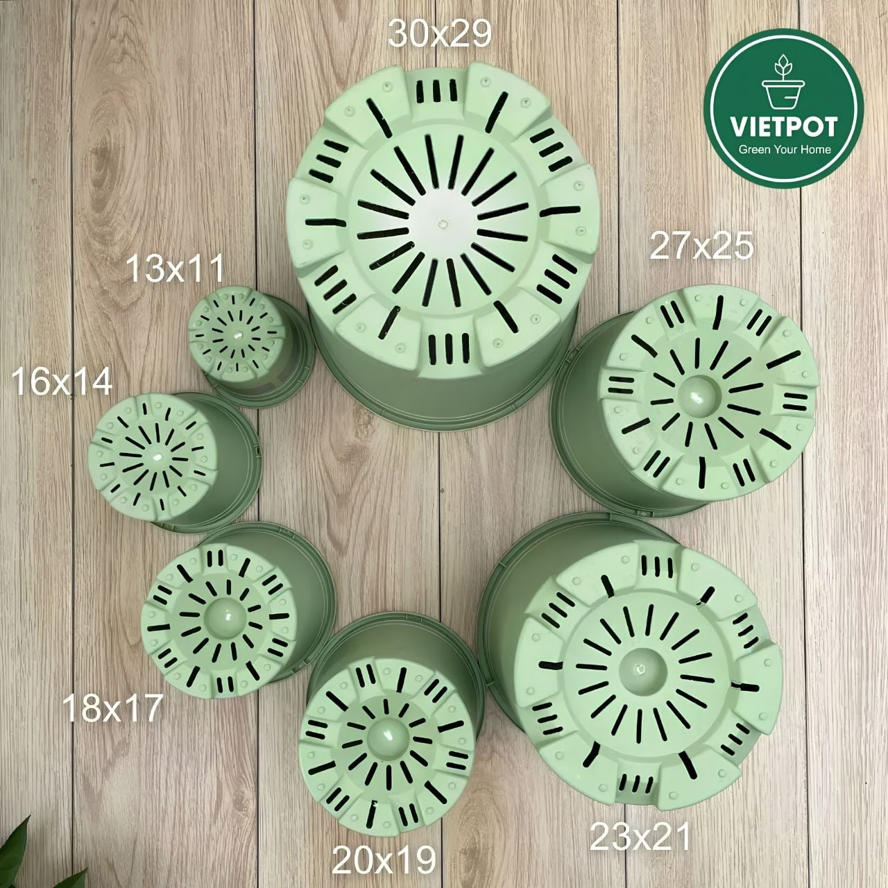 Chậu nhựa trồng cây VIETPOT, xanh Mint hoa văn tim, kiểng lá, hoa hồng, để bàn,ban công sân vườn. 