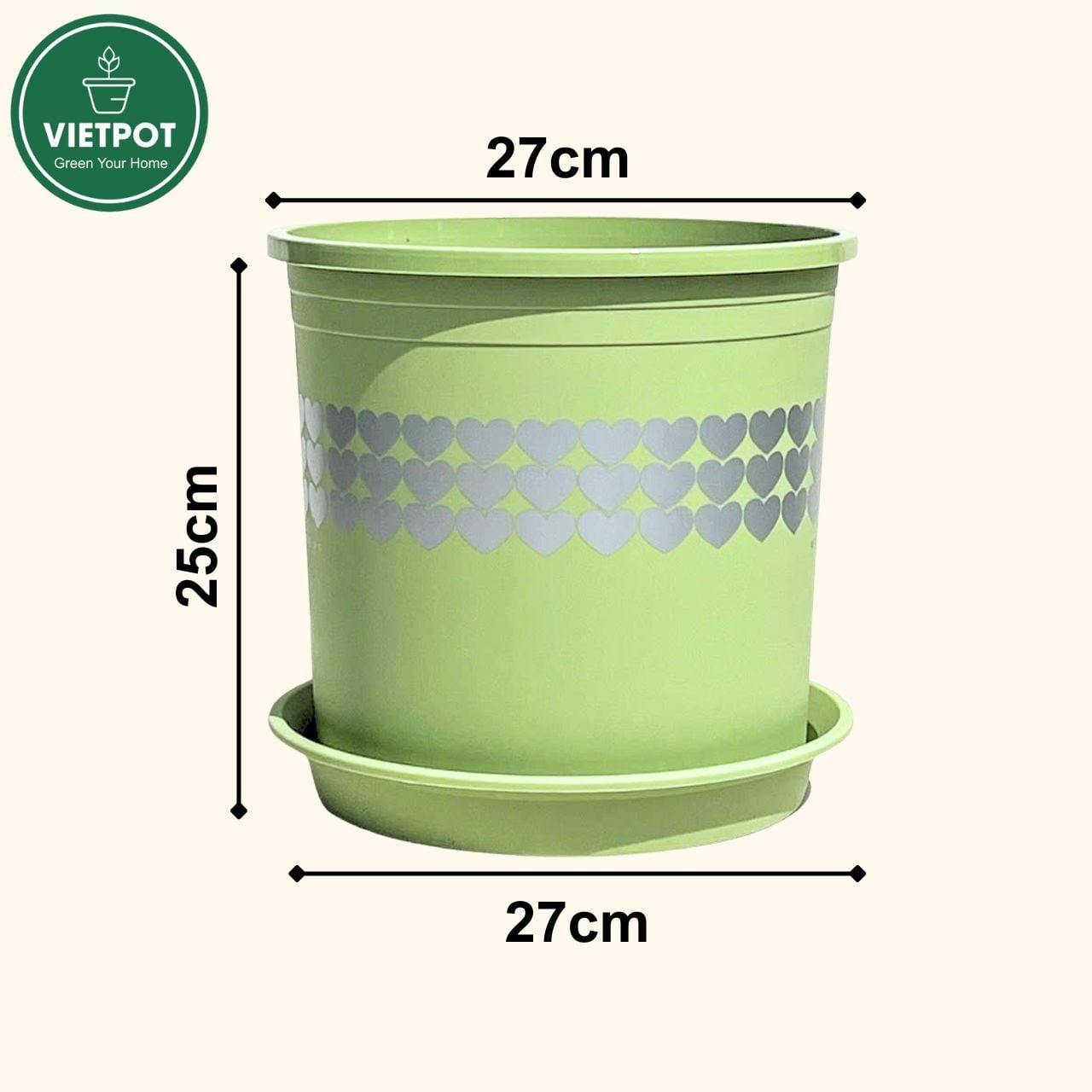  Chậu nhựa trồng cây VIETPOT, xanh Mint hoa văn tim, kiểng lá, hoa hồng, để bàn,ban công sân vườn. 