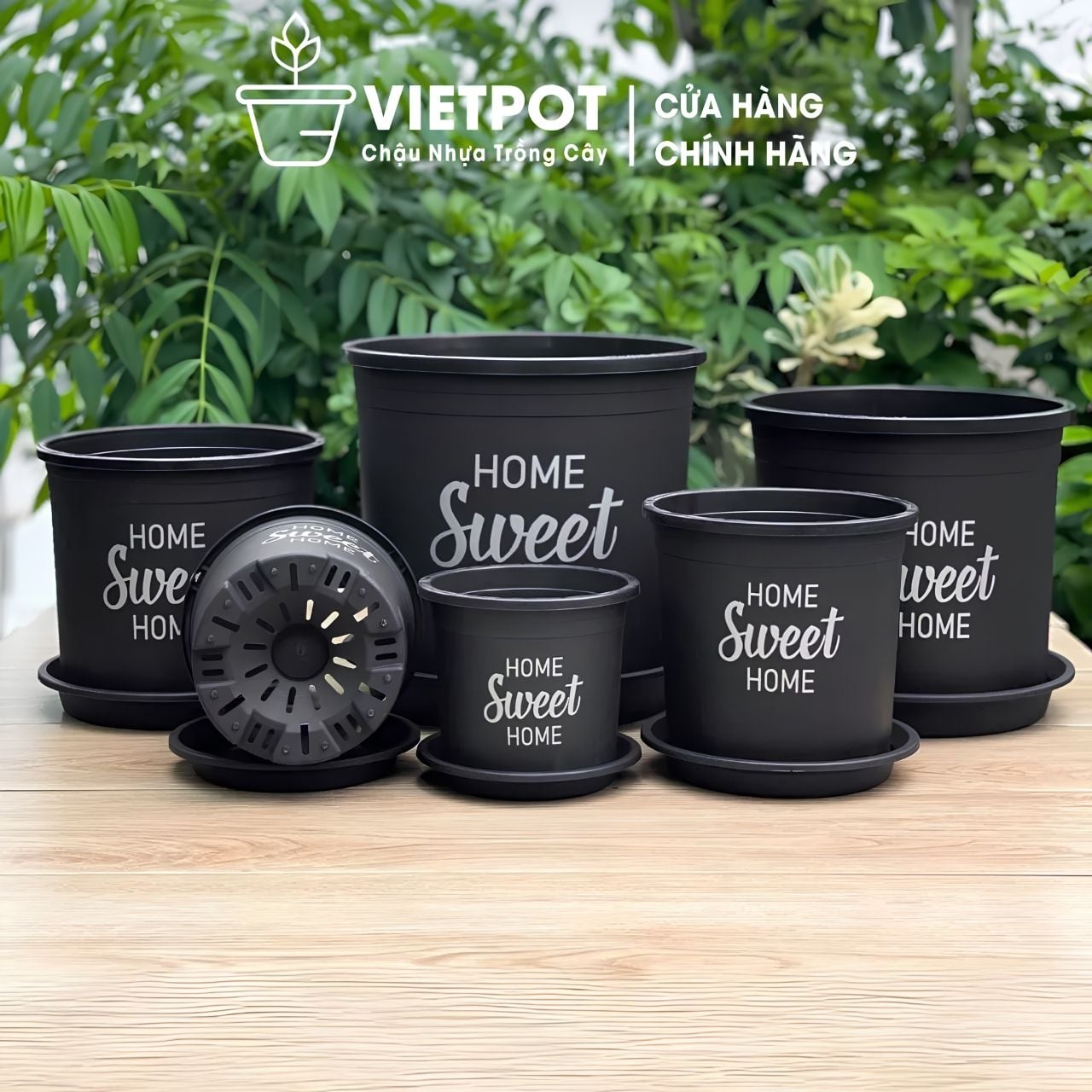  Chậu nhựa trồng cây VIETPOT, màu đen, hoa văn Sweet Home, trồng hoa kiểng lá, để nhà, sân vườn. 