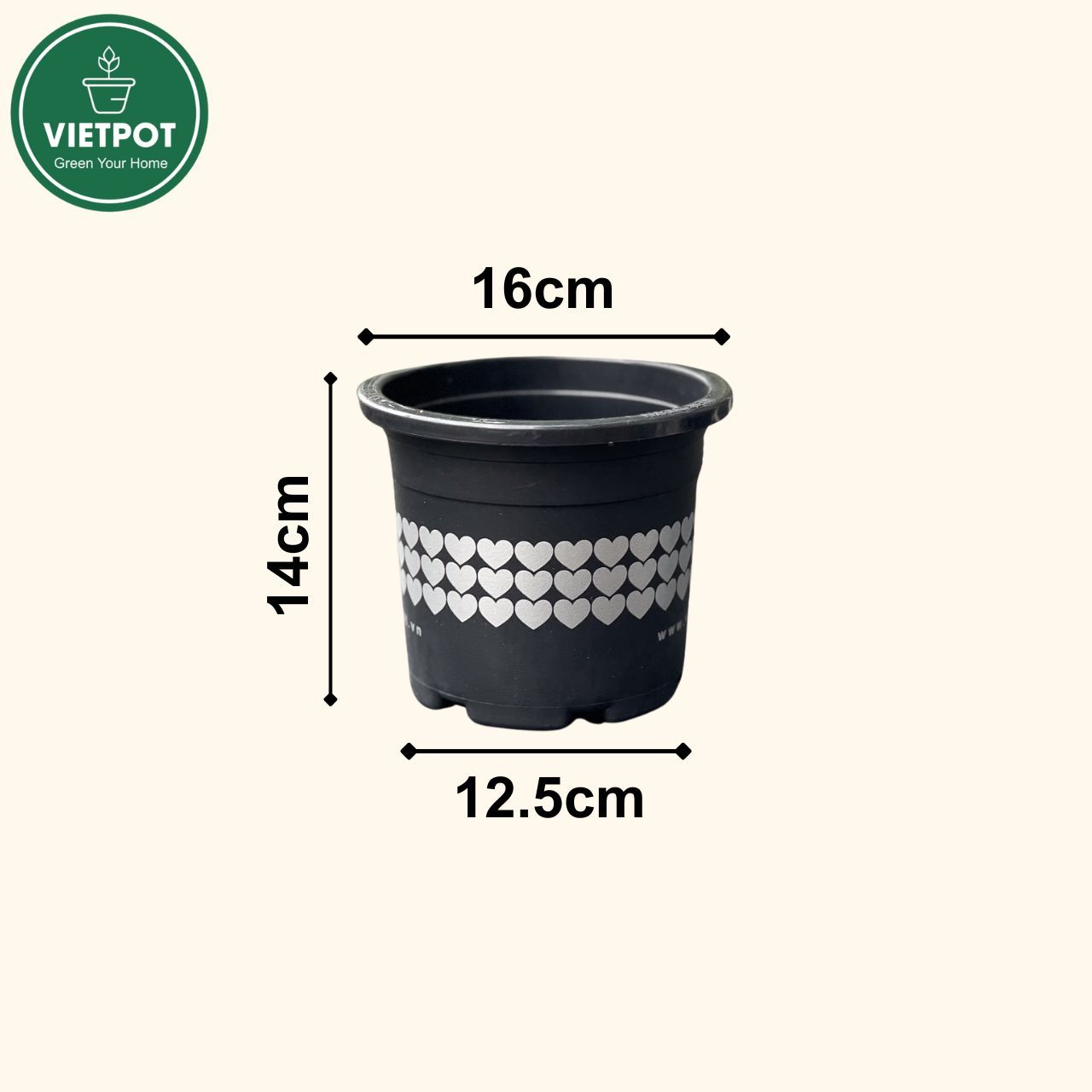 Chậu nhựa trồng cây VIETPOT, size 16x14, hoa văn tim, trồng kiểng lá, hoa hồng, để bàn, vườn. 