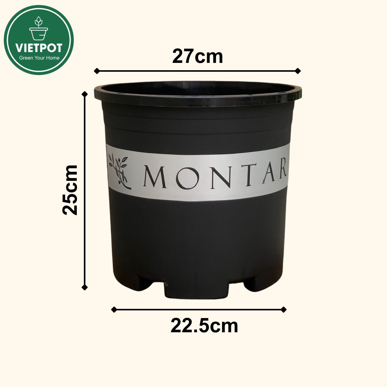  Chậu nhựa trồng cây VIETPOT, màu đen MONTARIO, trồng hoa kiểng, hoa hồng, để ban công, sân vườn. 
