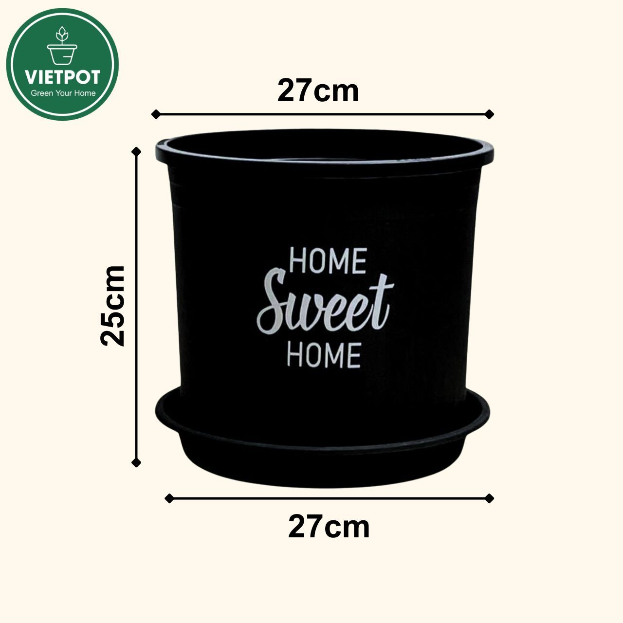  Chậu nhựa trồng cây VIETPOT, màu đen, hoa văn Sweet Home, trồng hoa kiểng lá, để nhà, sân vườn. 