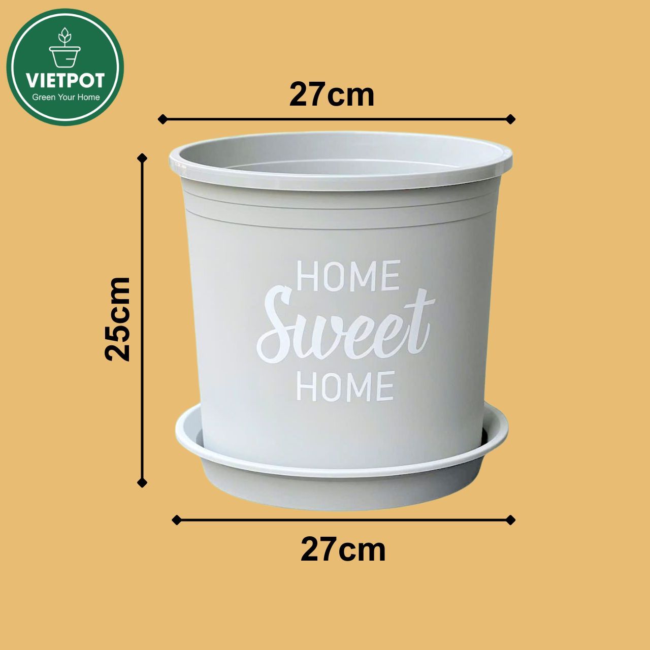  Chậu nhựa trồng cây VIETPOT, màu xám, hoa văn Sweet Home, trồng hoa kiểng lá, để nhà, sân vườn. 