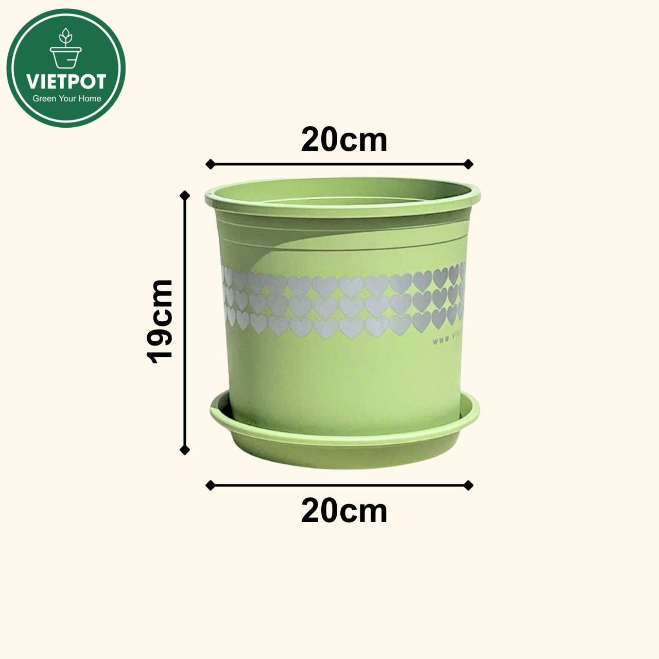  Chậu nhựa trồng cây VIETPOT, xanh Mint hoa văn tim, kiểng lá, hoa hồng, để bàn,ban công sân vườn. 