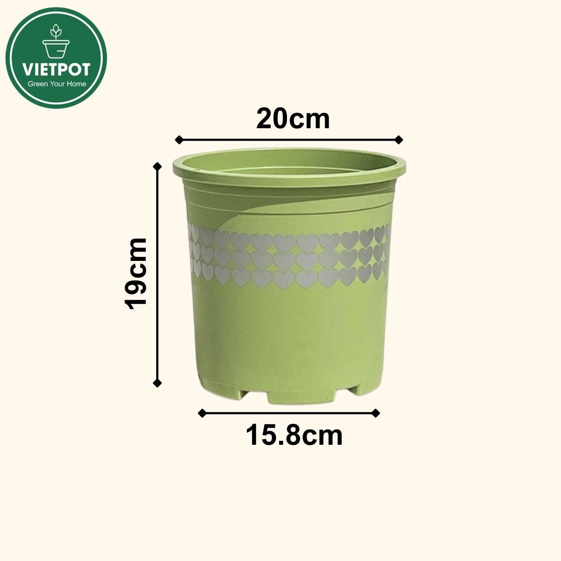  Chậu nhựa trồng cây VIETPOT, xanh Mint hoa văn tim, kiểng lá, hoa hồng, để bàn,ban công sân vườn. 