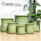  Chậu nhựa trồng cây VIETPOT, màu xanh Mint, hoa văn Sweet Home, trồng hoa kiểng lá, để nhà sân vườn. 