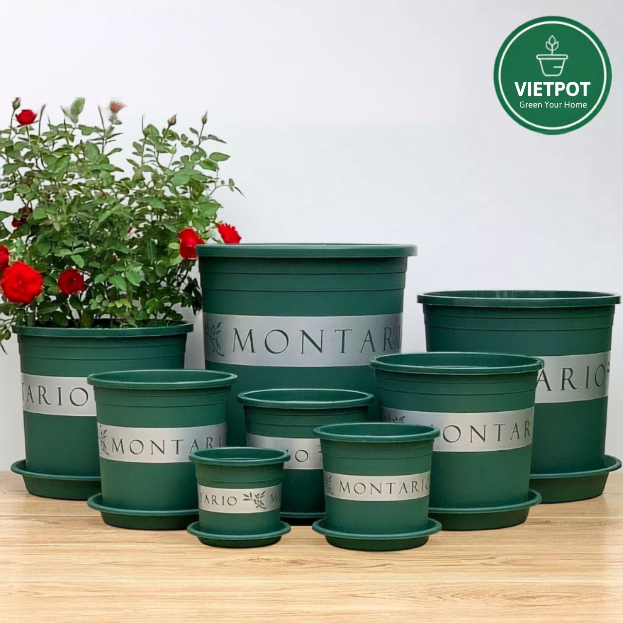  Chậu nhựa trồng cây VIETPOT, màu xanh MONTARIO, để ban công, sân vườn, trồng các loại cây hoa. 