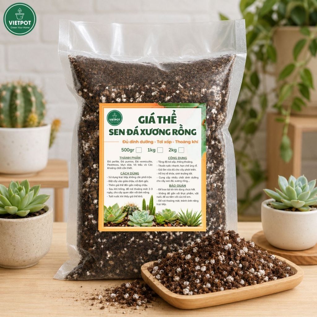  Giá thể sen đá xương rồng VIETPOT, Phối Trộn Sẵn, hỗ trợ thoát nước, giữ ẩm cực kì tốt, . 