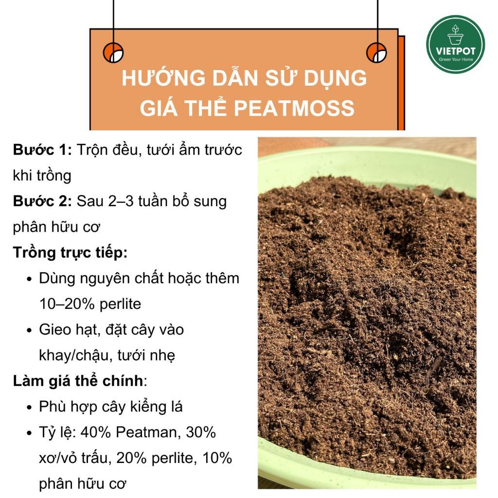  Rêu than bùn peatmoss VIETPOT, bao 500gr, tơi xốp, sạch mầm bệnh, thích hợp trồng hoa kiểng lá 