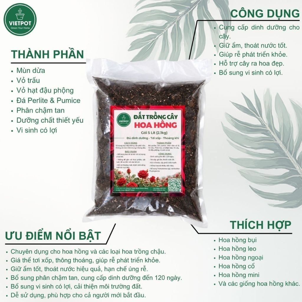  Đất trồng hoa hồng VIETPOT, NAMIX, bao 5 lít, tơi xốp, giữ ẩm tốt, hỗ trợ cây khoẻ ra hoa đẹp. 