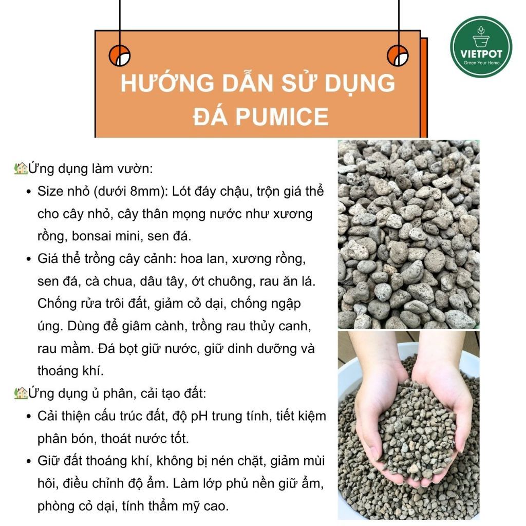  Đá Pumice VIETPOT, bao 800gr, size 1-2cm, giá thể trồng cây cung cấp khoáng chất cho hoa, xương rồng 