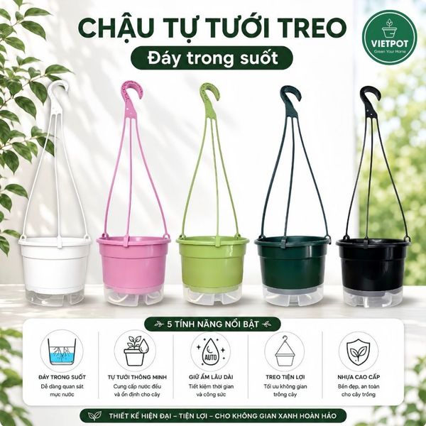  Chậu treo tự tưới Trơn, size 19x15cm, VIETPOT, cho cây kiểng, hiện đại, decor ban công, sân vườn. 