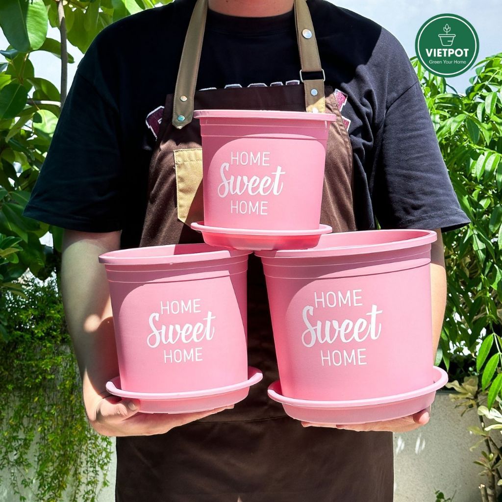  Chậu nhựa trồng cây VIETPOT, màu hồng, hoa văn Sweet Home, trồng hoa kiểng lá, để nhà, sân vườn. 