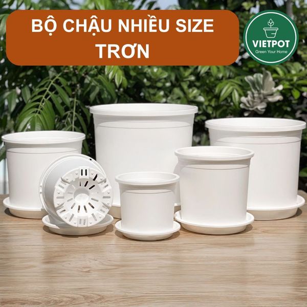  Chậu nhựa trồng cây VIETPOT, màu trắng trơn, trồng hoa kiểng, hoa hồng, để ban công, sân vườn. 