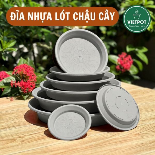  Đĩa nhựa mỏng nhẹ lót chậu cây VIETPOT, màu xám, cây cảnh, trang trí nhà vườn, ban công 