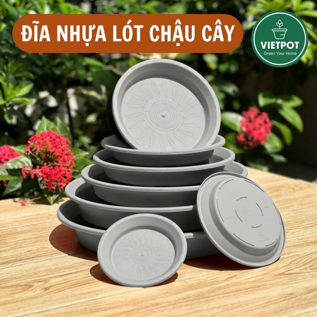  Đĩa nhựa mỏng nhẹ lót chậu cây VIETPOT, màu xám, cây cảnh, trang trí nhà vườn, ban công 