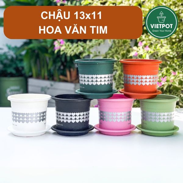  Chậu nhựa trồng cây VIETPOT, size nhỏ 13x11cm, hoa văn Tim, trồng hoa kiểng, để bàn, sân vườn 