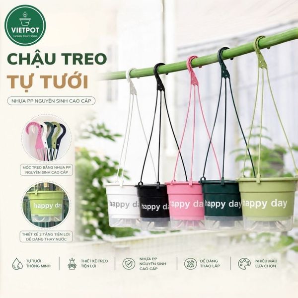  Chậu nhựa treo tự tưới Happy Day, VIETPOT, size 19x15cm, hiện đại, decor ban công, sân vườn, nhà cửa 