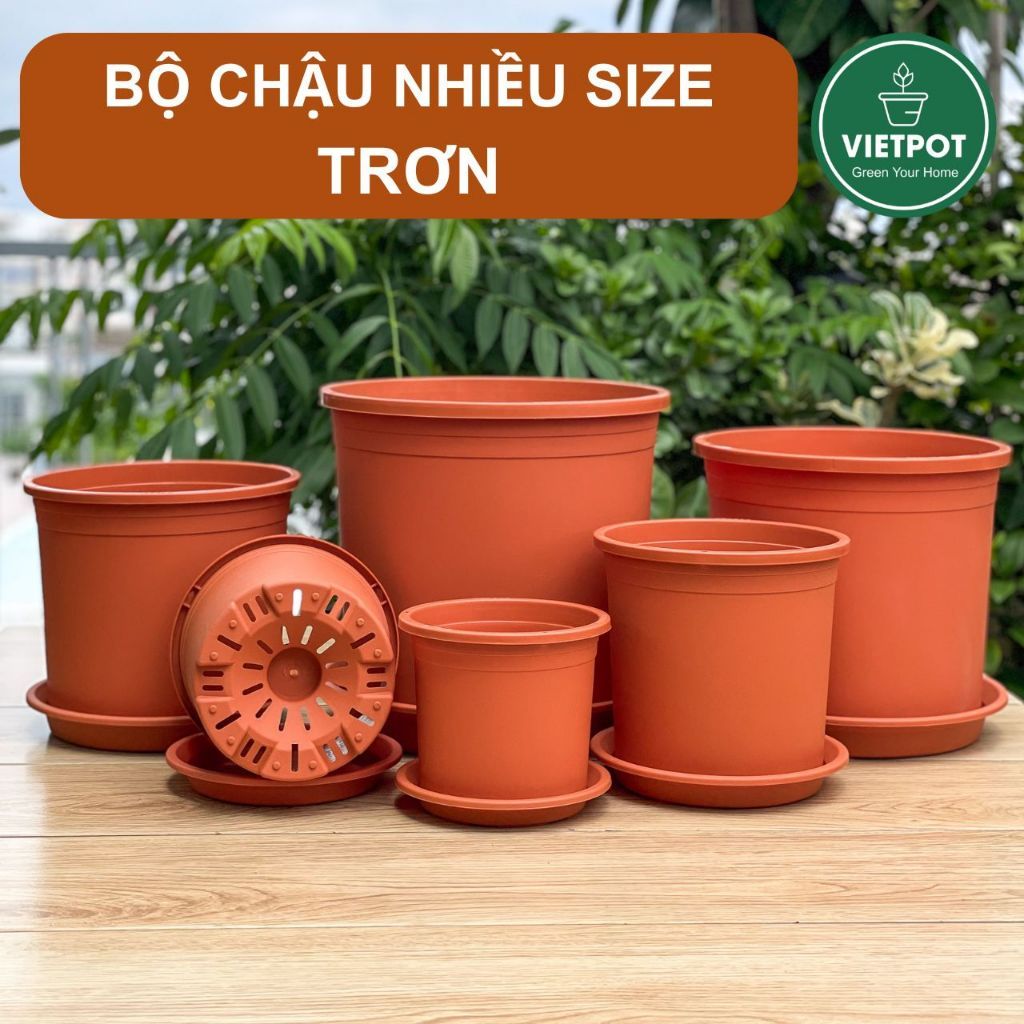  Chậu nhựa trồng cây VIETPOT, màu Cam Trơn, trồng kiểng lá, hoa hồng, để ban công, sân vườn. 