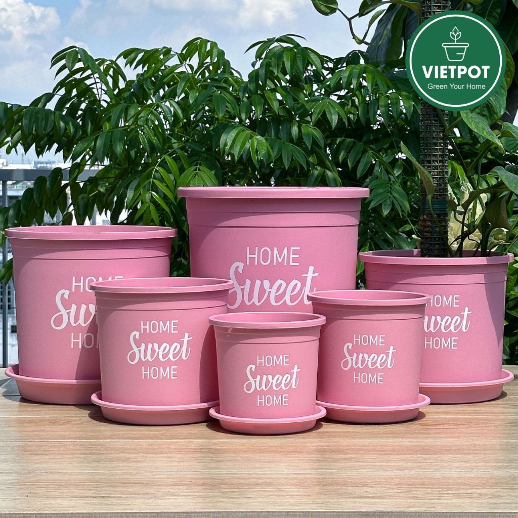  Chậu nhựa trồng cây VIETPOT, màu hồng, hoa văn Sweet Home, trồng hoa kiểng lá, để nhà, sân vườn. 