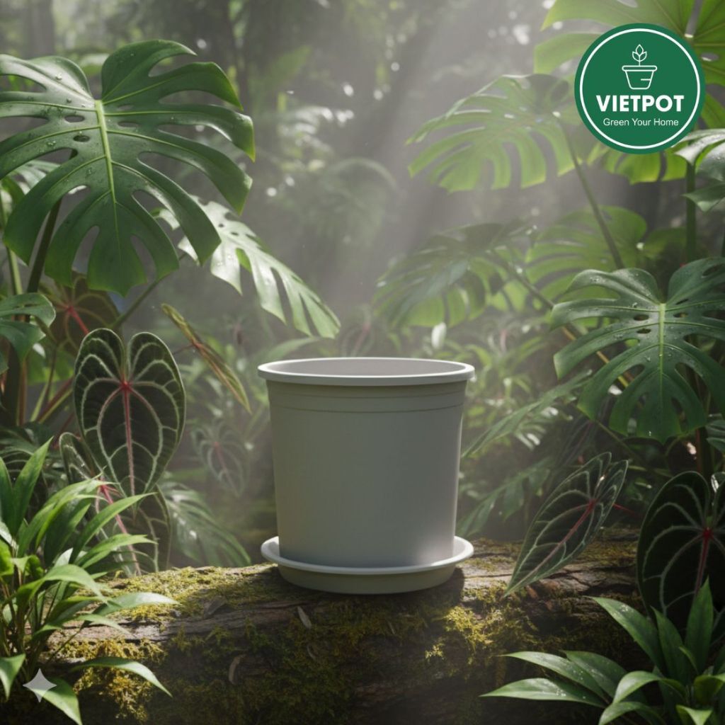  Chậu nhựa trồng cây VIETPOT, màu xám trơn, trồng hoa kiểng, trang trí ban công, sân vườn, sân thượng 