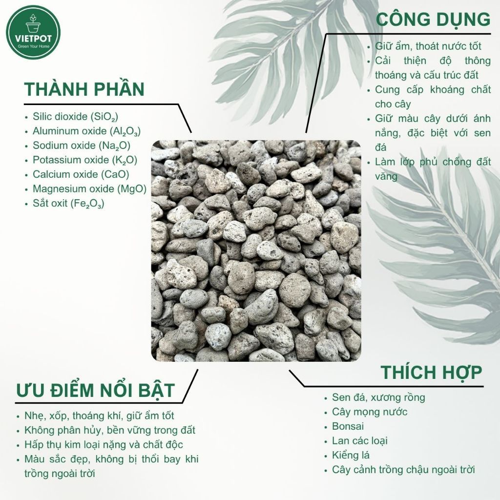  Đá Pumice VIETPOT, bao 800gr, size 1-2cm, giá thể trồng cây cung cấp khoáng chất cho hoa, xương rồng 