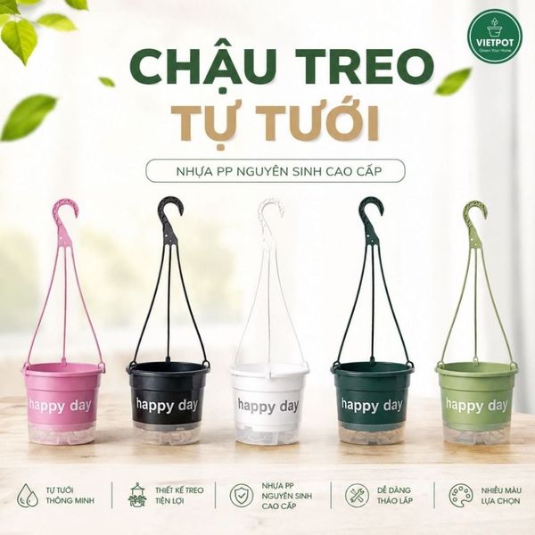  Chậu nhựa treo tự tưới Happy Day, VIETPOT, size 19x15cm, hiện đại, decor ban công, sân vườn, nhà cửa 
